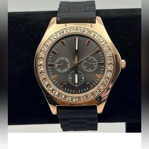 Claire's Black and Rose Gold Watch,Crystal Bezel,Black Face,Jelly Band,OS